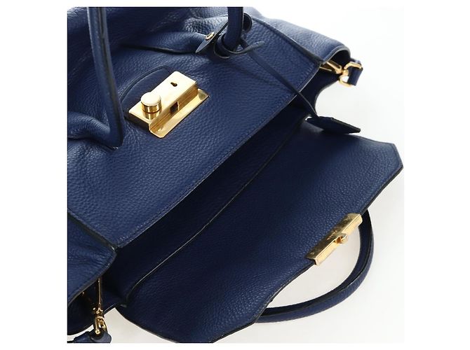Bolsa de mão PRADA Ready lock em couro Taurillon Clemence 2way Azul Auth am12570V Dourado - vista 24