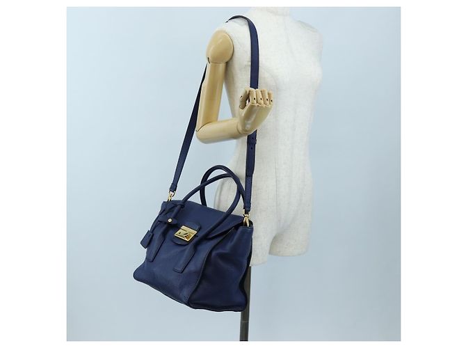 Bolsa de mão PRADA Ready lock em couro Taurillon Clemence 2way Azul Auth am12570V Dourado - vista 31