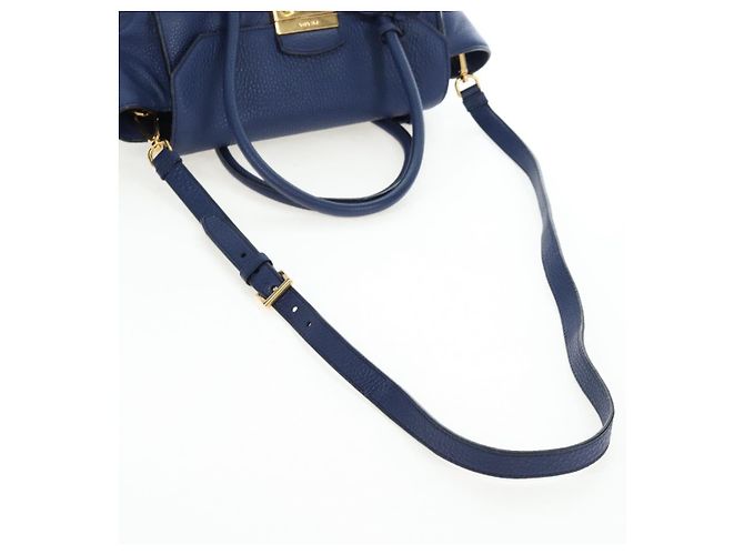 Bolsa de mão PRADA Ready lock em couro Taurillon Clemence 2way Azul Auth am12570V Dourado - vista 7