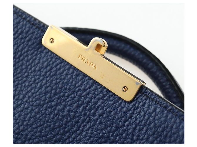 Bolsa de mão PRADA Ready lock em couro Taurillon Clemence 2way Azul Auth am12570V Dourado - vista 9