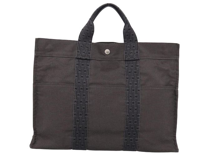Hermès HERMES Her Line Tote MM Tote Bag Canvas Gray Silver Auth bs37333 Castaño Plata - vista 13