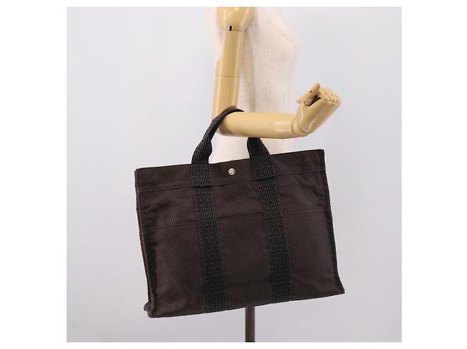 Hermès HERMES Her Line Tote MM Tote Bag Canvas Gray Silver Auth bs37333 Castaño Plata - vista 19