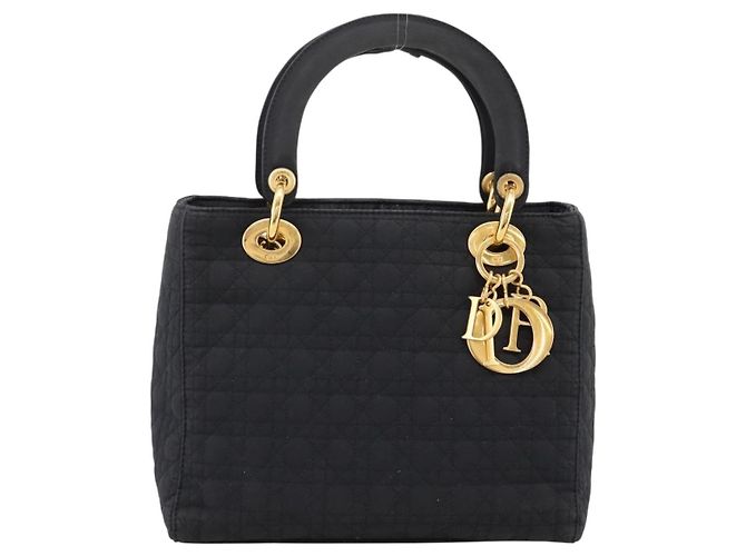 Bolsa de mão Christian Dior Lady Dior Canage Canvas Black Gold Auth ep16219 Preto Dourado - vista 13