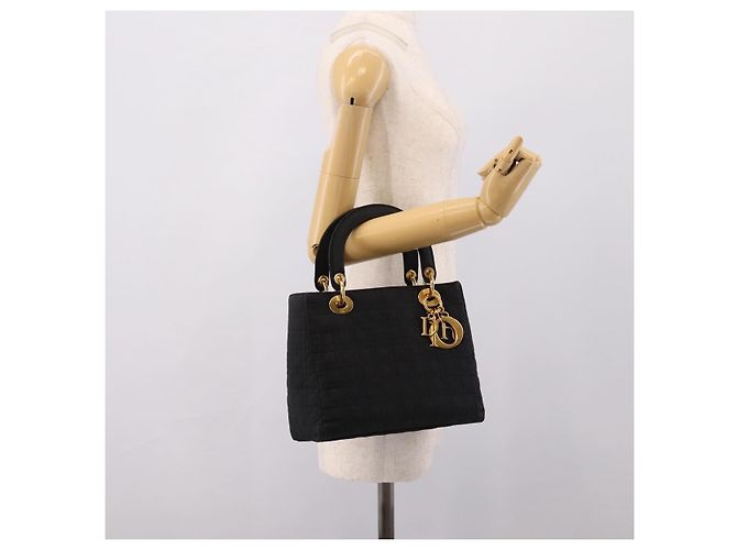 Bolsa de mão Christian Dior Lady Dior Canage Canvas Black Gold Auth ep16219 Preto Dourado - vista 24