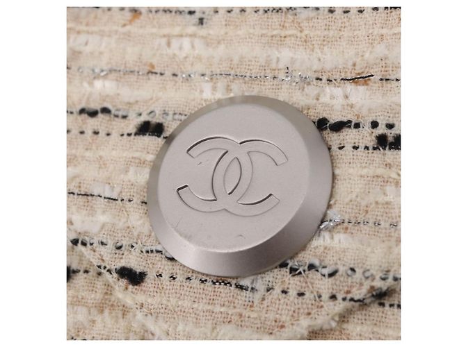 Bolsa de Ombro com Corrente CHANEL Tweed Branco Prata CC Auth 205917V - vista 18