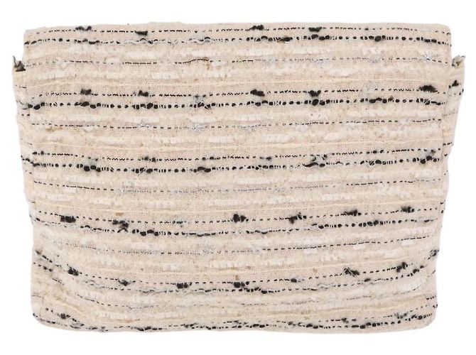 Bolsa de Ombro com Corrente CHANEL Tweed Branco Prata CC Auth 205917V - vista 2