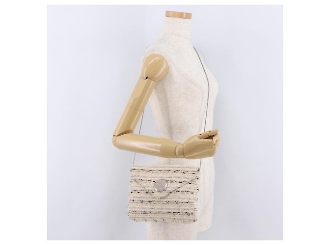 Bolsa de Ombro com Corrente CHANEL Tweed Branco Prata CC Auth 205917V - vista 26