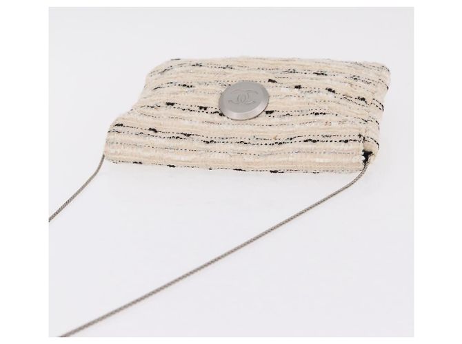 Bolsa de Ombro com Corrente CHANEL Tweed Branco Prata CC Auth 205917V - vista 6