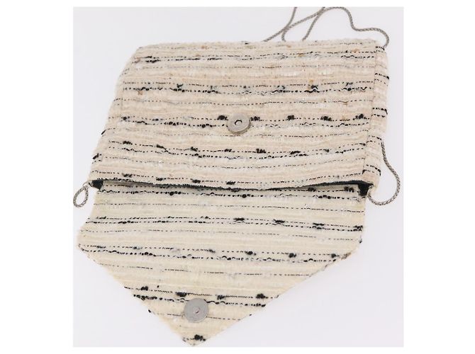 Bolsa de Ombro com Corrente CHANEL Tweed Branco Prata CC Auth 205917V - vista 9