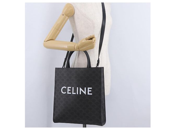 Céline Bolsa de mão CELINE Triomphe Vertical Cabas PVC 2way Preta Ouro Auth 204074M Preto Dourado - vista 24