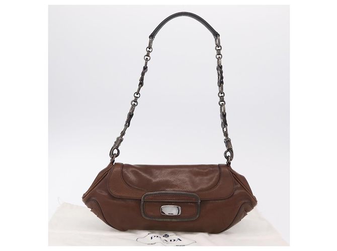 PRADA Chain Shoulder Bag Leather Brown Auth 206107V - view 12