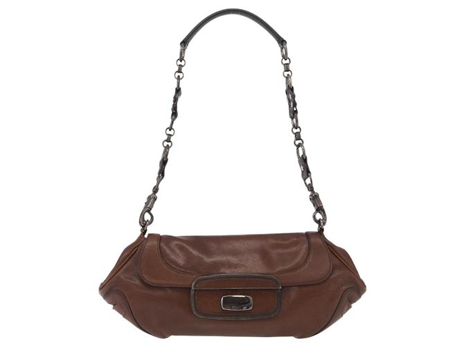 PRADA Chain Shoulder Bag Leather Brown Auth 206107V - view 13