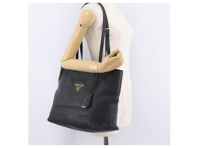 Borsa Tote PRADA in pelle Vittero Dino Nero Oro Auth 203881V D'oro - vista 28