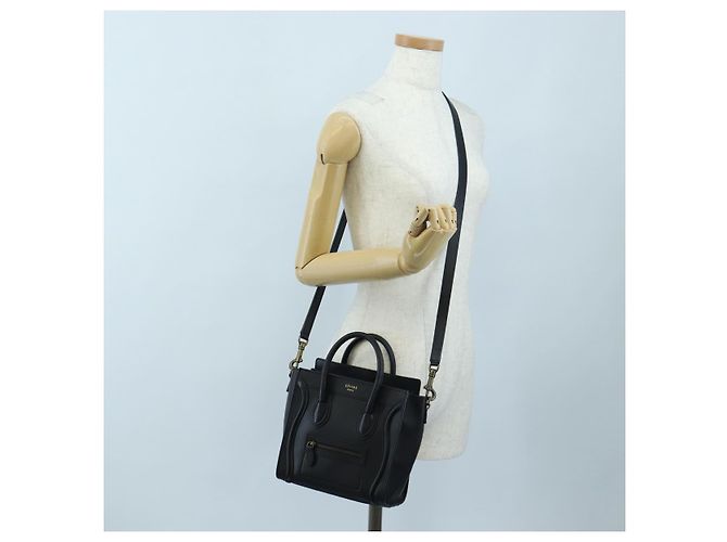 Céline CELINE Luggage Micro Shopper Hand Bag Leather 2way Black Gold Auth 205995V Nero D'oro - vista 27