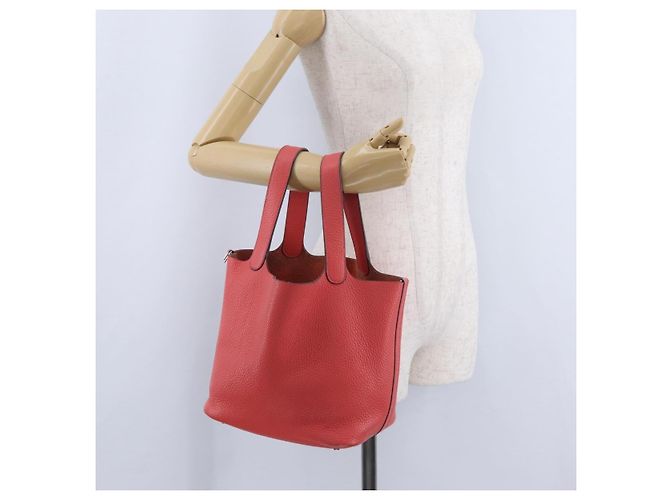 Hermès Sac à main HERMES Pico Tan Lock MM en cuir Rose Argent Auth 203257SAM Argenté - vue 23