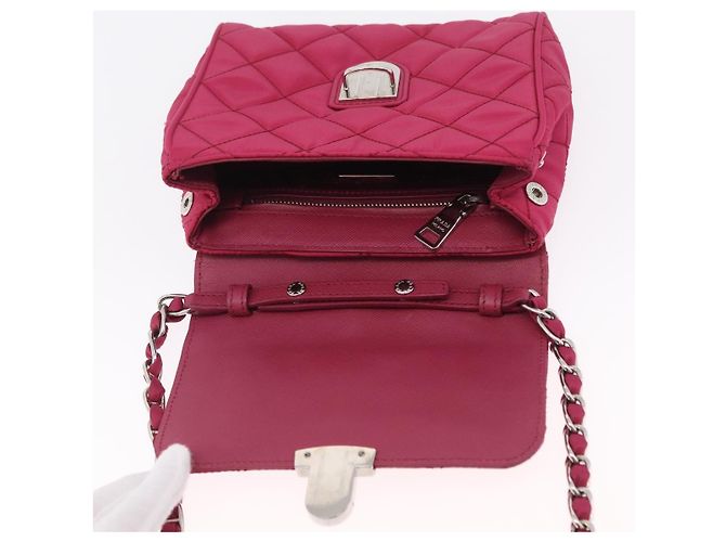 Borsa a tracolla con catena PRADA Nylon Rosa Argento Auth 206227A - vista 21