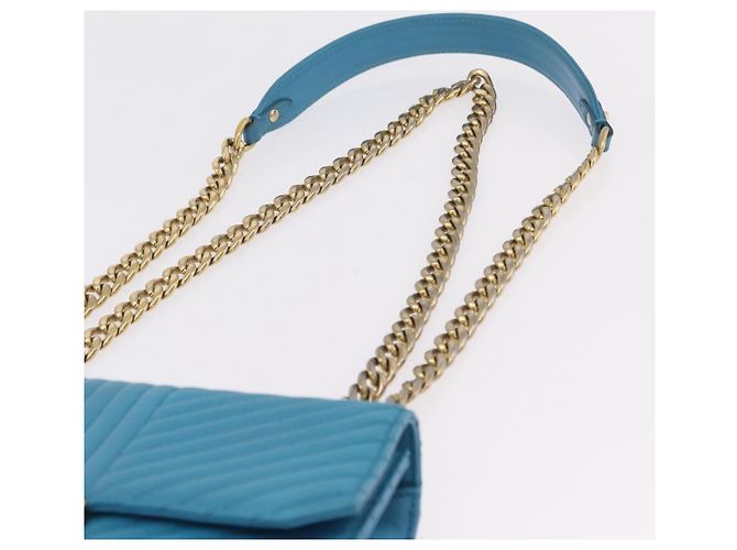 PRADA Chain Shoulder Bag Leather Blue Gold Auth 206268V Golden - view 14