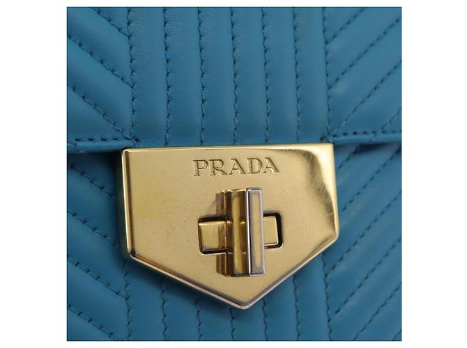 PRADA Chain Shoulder Bag Leather Blue Gold Auth 206268V Golden - view 19