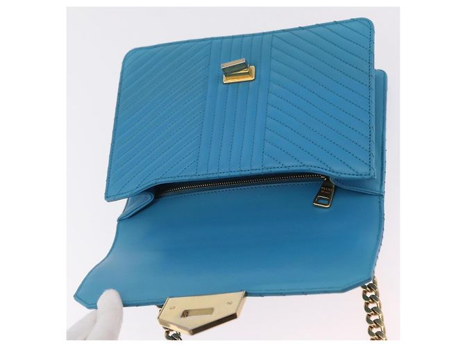 PRADA Chain Shoulder Bag Leather Blue Gold Auth 206268V Golden - view 20