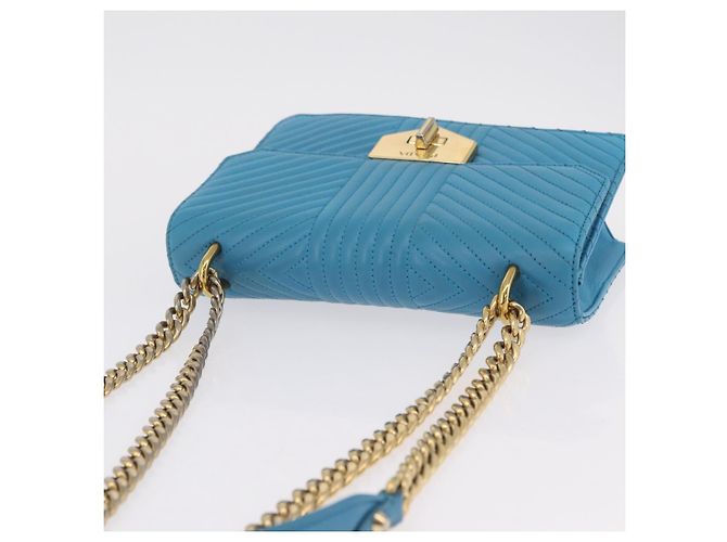 PRADA Chain Shoulder Bag Leather Blue Gold Auth 206268V Golden - view 6