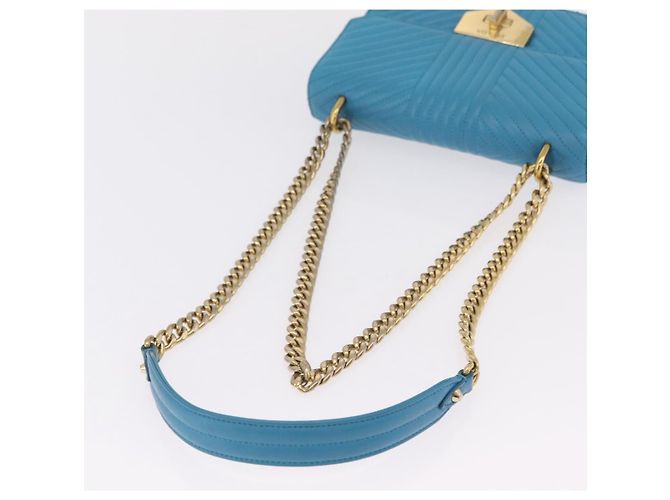PRADA Chain Shoulder Bag Leather Blue Gold Auth 206268V Golden - view 7