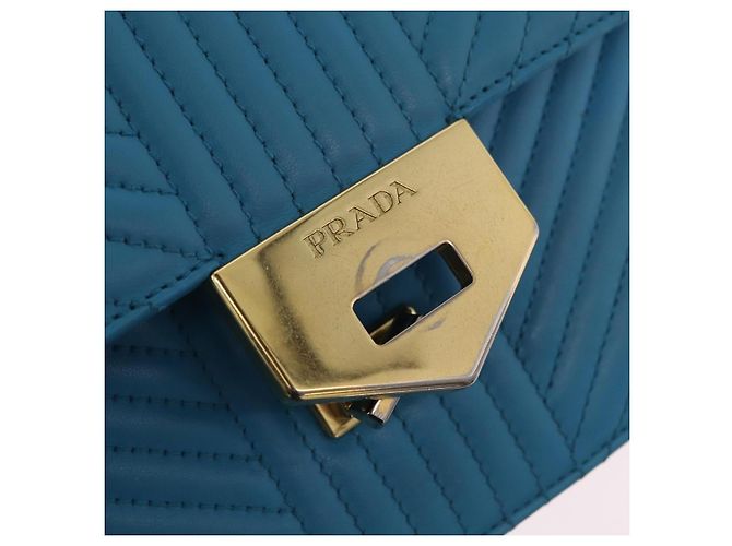 PRADA Chain Shoulder Bag Leather Blue Gold Auth 206268V Golden - view 9