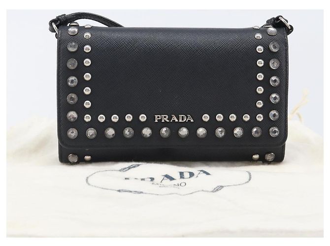 Saffiano Portafoglio a spalla PRADA pelle Safiano Black Silver Auth 206147V Nero Argento - vista 12