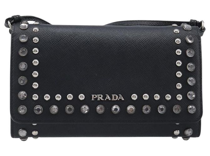 Saffiano Portafoglio a spalla PRADA pelle Safiano Black Silver Auth 206147V Nero Argento - vista 13