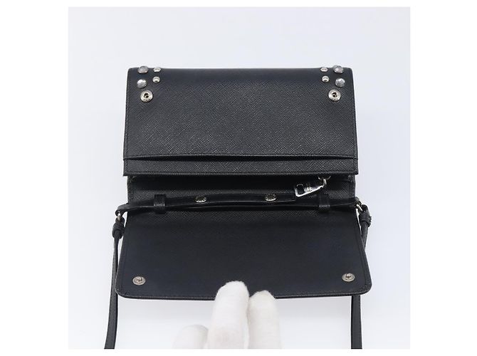 Saffiano Portafoglio a spalla PRADA pelle Safiano Black Silver Auth 206147V Nero Argento - vista 21
