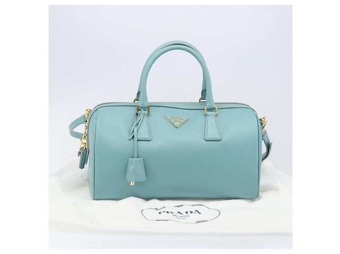 Bolsa Boston PRADA couro Saffiano 2way Azul Claro Ouro Auth 203450M Dourado - vista 12