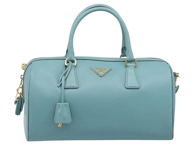 Bolsa Boston PRADA couro Saffiano 2way Azul Claro Ouro Auth 203450M Dourado - vista 13