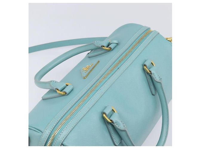 Bolsa Boston PRADA couro Saffiano 2way Azul Claro Ouro Auth 203450M Dourado - vista 14