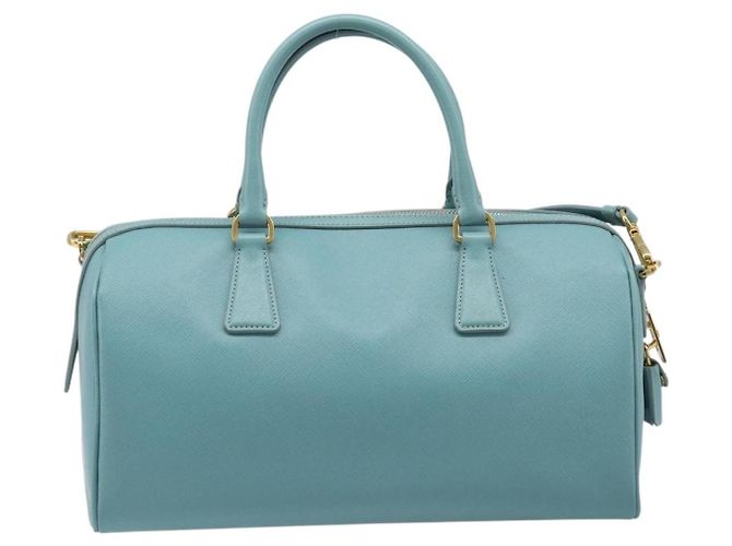 Bolsa Boston PRADA couro Saffiano 2way Azul Claro Ouro Auth 203450M Dourado - vista 2