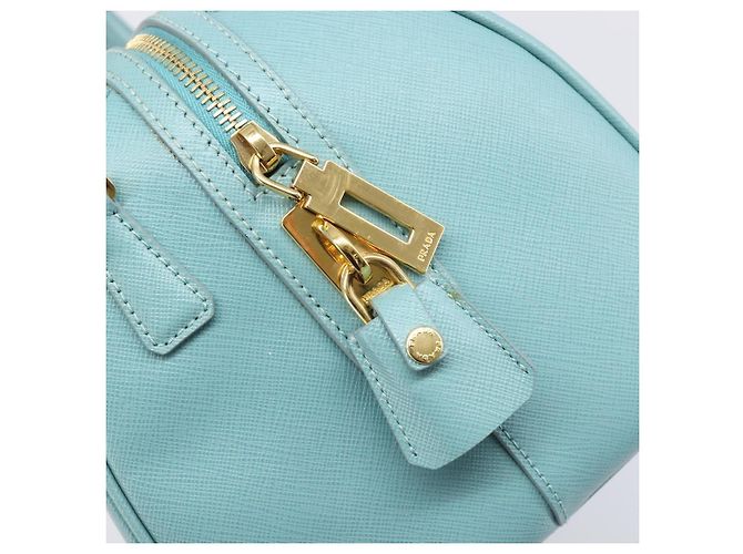 Bolsa Boston PRADA couro Saffiano 2way Azul Claro Ouro Auth 203450M Dourado - vista 27