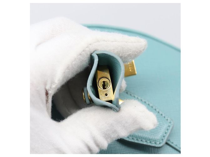 Bolsa Boston PRADA couro Saffiano 2way Azul Claro Ouro Auth 203450M Dourado - vista 28