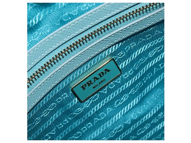Bolsa Boston PRADA couro Saffiano 2way Azul Claro Ouro Auth 203450M Dourado - vista 29