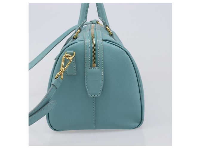Bolsa Boston PRADA couro Saffiano 2way Azul Claro Ouro Auth 203450M Dourado - vista 3