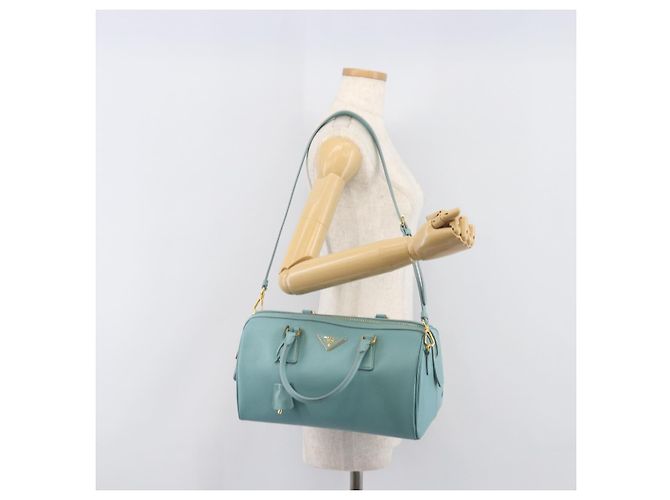 Bolsa Boston PRADA couro Saffiano 2way Azul Claro Ouro Auth 203450M Dourado - vista 35