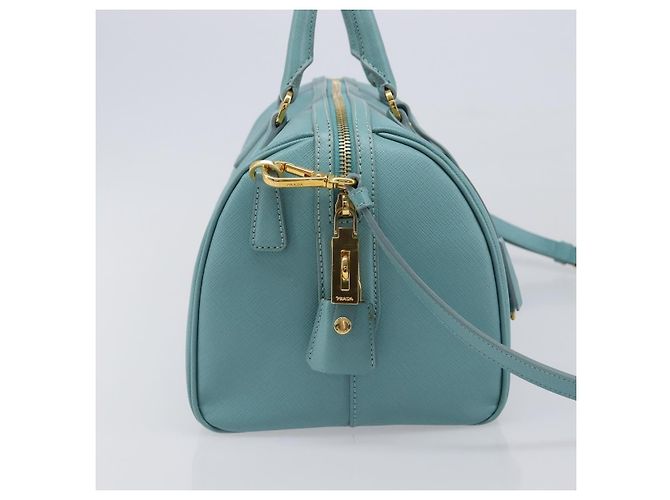Bolsa Boston PRADA couro Saffiano 2way Azul Claro Ouro Auth 203450M Dourado - vista 4