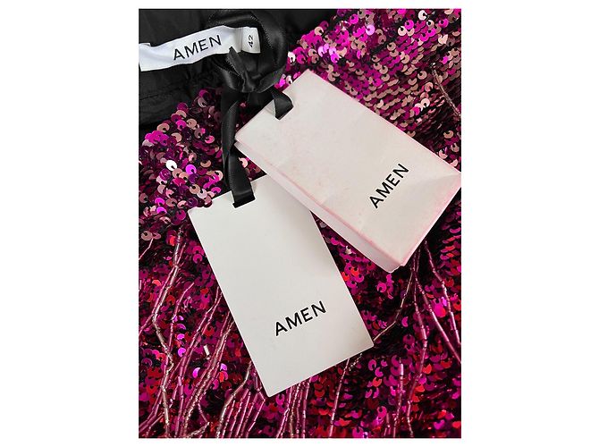 Autre Marque Amen Minigonna di paillettes e frange Rosa Rosso Metallico - vista 5