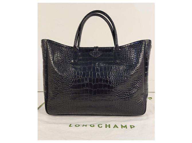 Longchamp Roseau Handtasche aus schwarzem Leder in Krokodil-Optik - Ansicht 10