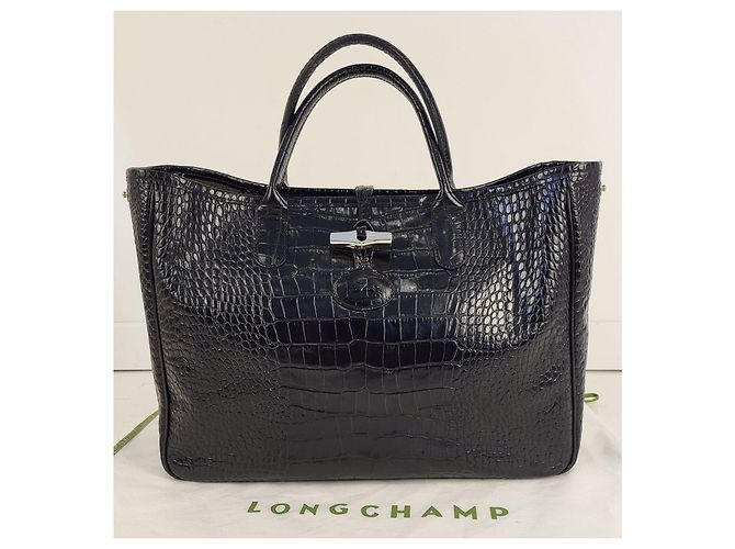 Longchamp Roseau Handtasche aus schwarzem Leder in Krokodil-Optik - Ansicht 13