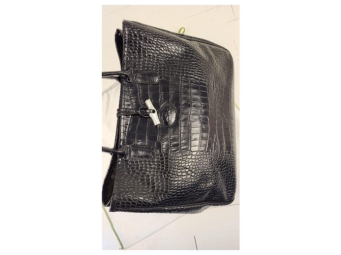 Longchamp Roseau Handtasche aus schwarzem Leder in Krokodil-Optik - Ansicht 20