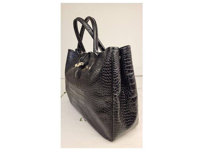 Longchamp Roseau Handtasche aus schwarzem Leder in Krokodil-Optik - Ansicht 3