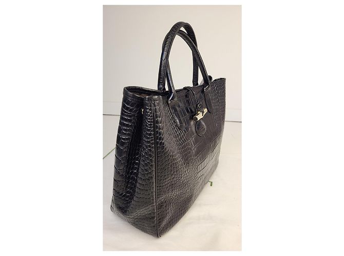 Longchamp Roseau Handtasche aus schwarzem Leder in Krokodil-Optik - Ansicht 4
