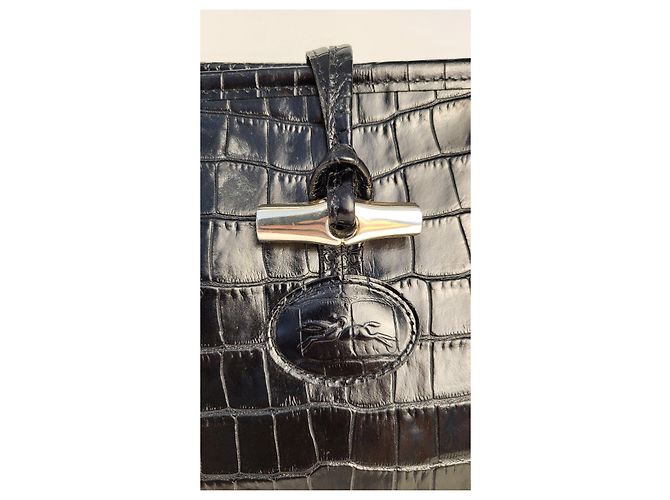 Longchamp Roseau Handtasche aus schwarzem Leder in Krokodil-Optik - Ansicht 8