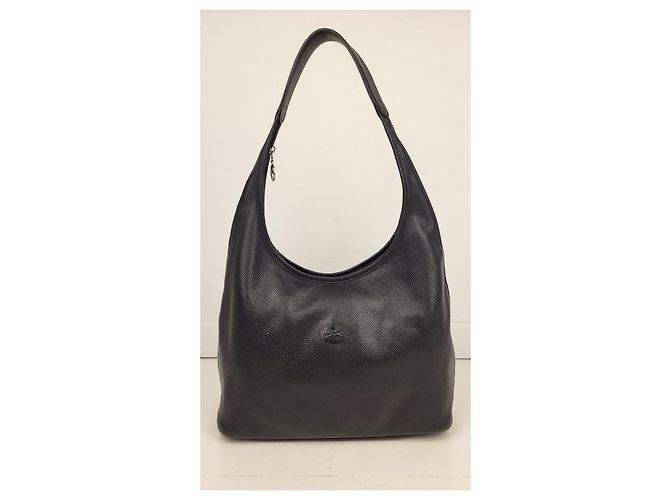 Longchamp Le Foulonne Handtasche aus schwarzem Narbenleder - Ansicht 14
