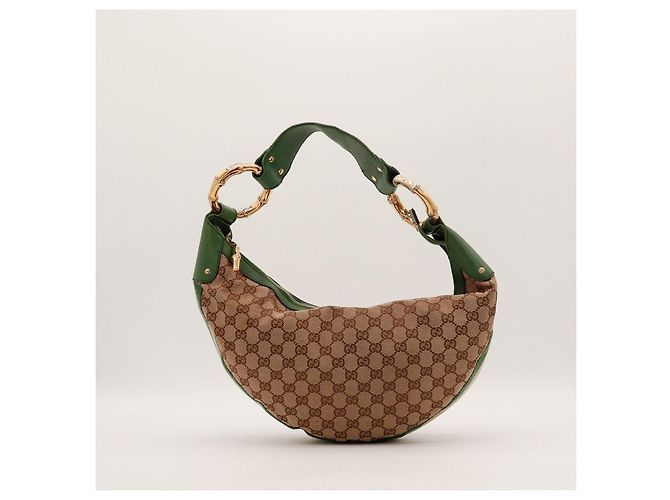 Bamboo Borsa Hobo Gucci in tela GG Supreme e bambù Marrone D'oro Verde - vista 3