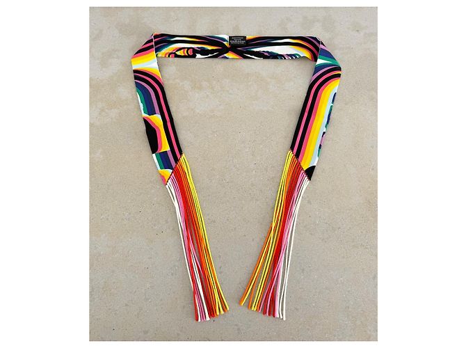 Twilly Hermès Brides de Gala Shadow de seda com franjas Preto Rosa Branco Azul Verde Laranja Amarelo - vista 4
