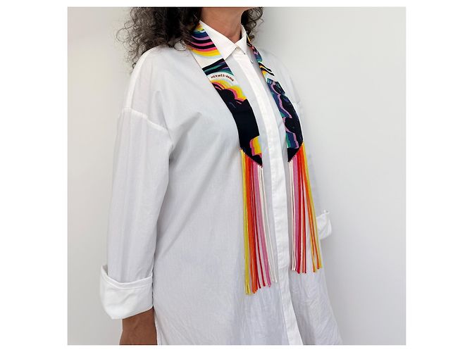 Twilly Hermès Brides de Gala Shadow de seda com franjas Preto Rosa Branco Azul Verde Laranja Amarelo - vista 7